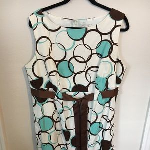 Ivory, brown & turquoise sleeveless dress.